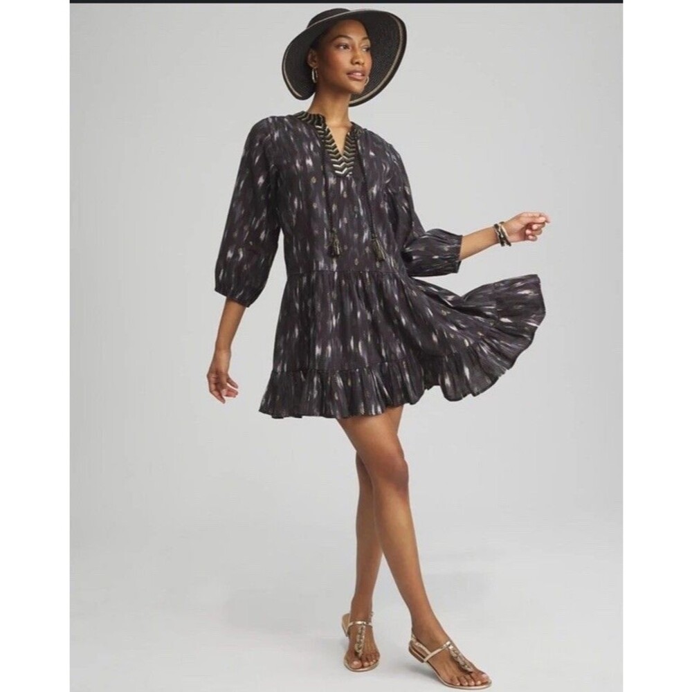 Miraclesuit Beach Coverup Mini Dress Size Medium Bronze Reign Black Ikat Boho